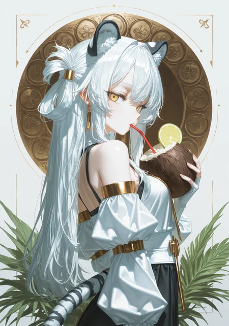 masterpiece, best quality, good quality, [by quasarcake], (rhasta:0.9), [reoen], (hiro \(dismaless\):0.8), [[baffu]], year 2023, circle, cover_art,
1girl, anime character, (coconut_cup:1.13), coconut, (holding drinking straw), luxury, lime_slice, anime cgi, (material icon style), tiger ears, gold fringe hair, white hair, tiger_eyes, hair rings, long sleeves, detached sleeves, puffy sleeves, (long hair), hair_up, tsurime, looking_at_viewer, suspicious egg dish, (from side:0.55), looking to the side, looking at viewer, half-closed_eyes, simple_background, solo, gradient background, texture_background, smooth slate stone background, close-up, original, vector trace, ornate_border, official_alternate_hairstyle, cowboy_shot, white-tiger_tail, dutch_angle, stylish angle, style of Bourgeois, angular, an album cover, purism, plant border, waterfall, white fingerless_gloves