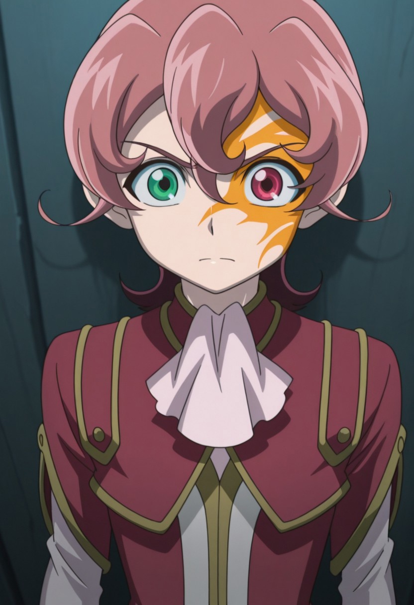 masterpiece,best quality,amazing quality, source_anime, 
MichArclight, 1boy, male focus, solo, heterocromia, green eyes, red eyes, facial tattoo, pink hair, ascot, pink ascot, shirt, pink shirt, jacket, red jacket, short over long sleeves,