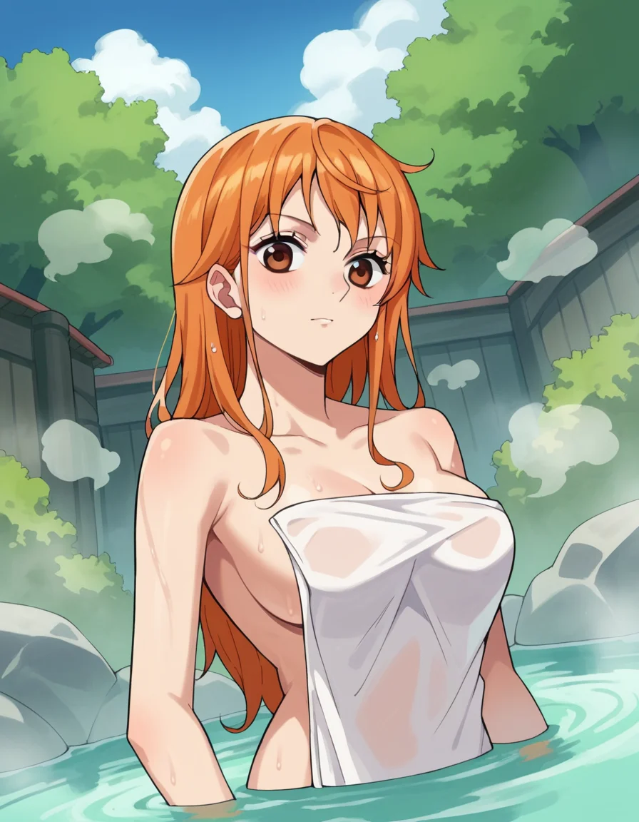 score_9, score_8_up, score_7_up, source_anime,
onepiecenami, <lora:one-piece-nami-s15-ponyxl-lora-nochekaiser:1>
nami, long hair, orange hair, brown eyes,
nude, naked,
outdoors, onsen, towel, naked towel, steam, bathing, nude cover, partially submerged, water, bath, steam censor, wet towel,
looking at viewer, dutch angle, cowboy shot