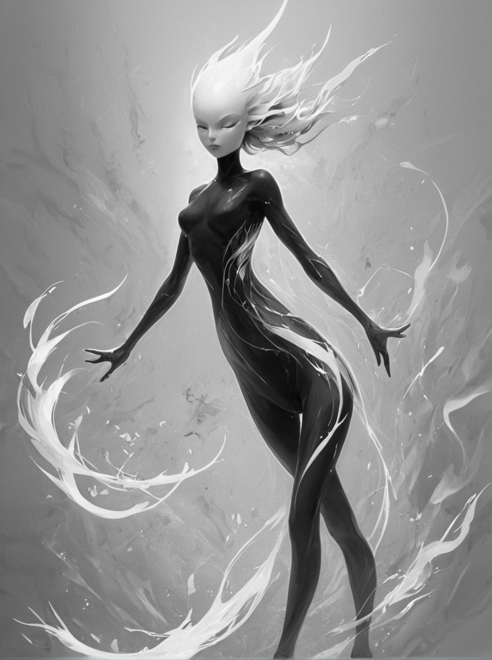 <lora:artfullyMENTALITY_SDXL_V1-000001:1> , masterpiece, illustration, sketch, air elemental, black and white bodysuit,  energy around  her