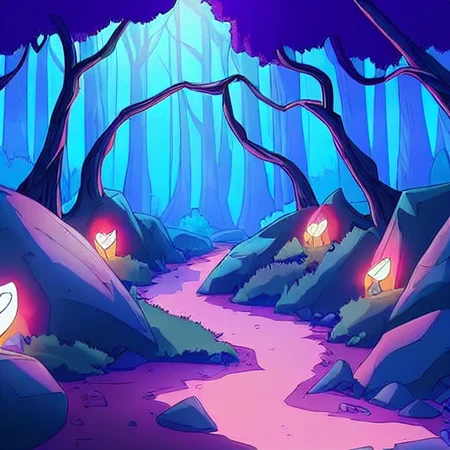 a beautiful photo of a forked path in a forest with glowing lights and rocks and trees on either side of the path, dwspop forest