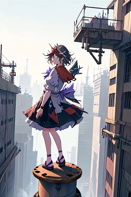 ((((unbalancing and walking on long narrow industrial pipe in high position))),debris,rubble,crack,destruction,balancing on only industrial pipe,spread arms,full body,outdoors,citycape,standing on one leg,trembling, (((explosion, explosive industrial pipe,falling))),smoke,
kijin_seija, solo, 1girl, too_many_lace, lace, skirt, ribbon, multicolored_hair, jewelry, puffy_sleeves, short_sleeves, earrings, puffy_short_sleeves, bowtie, red_hair, streaked_hair, sailor_collar, stud_earrings, cone_horns, arrow_\(symbol\), sandals, short_hair, red_eyes, bow, bracelet, dress, hair_flaps,
((buster_sword, huge_sword, holding_sword, <lora:buster_sword:1>)):6,