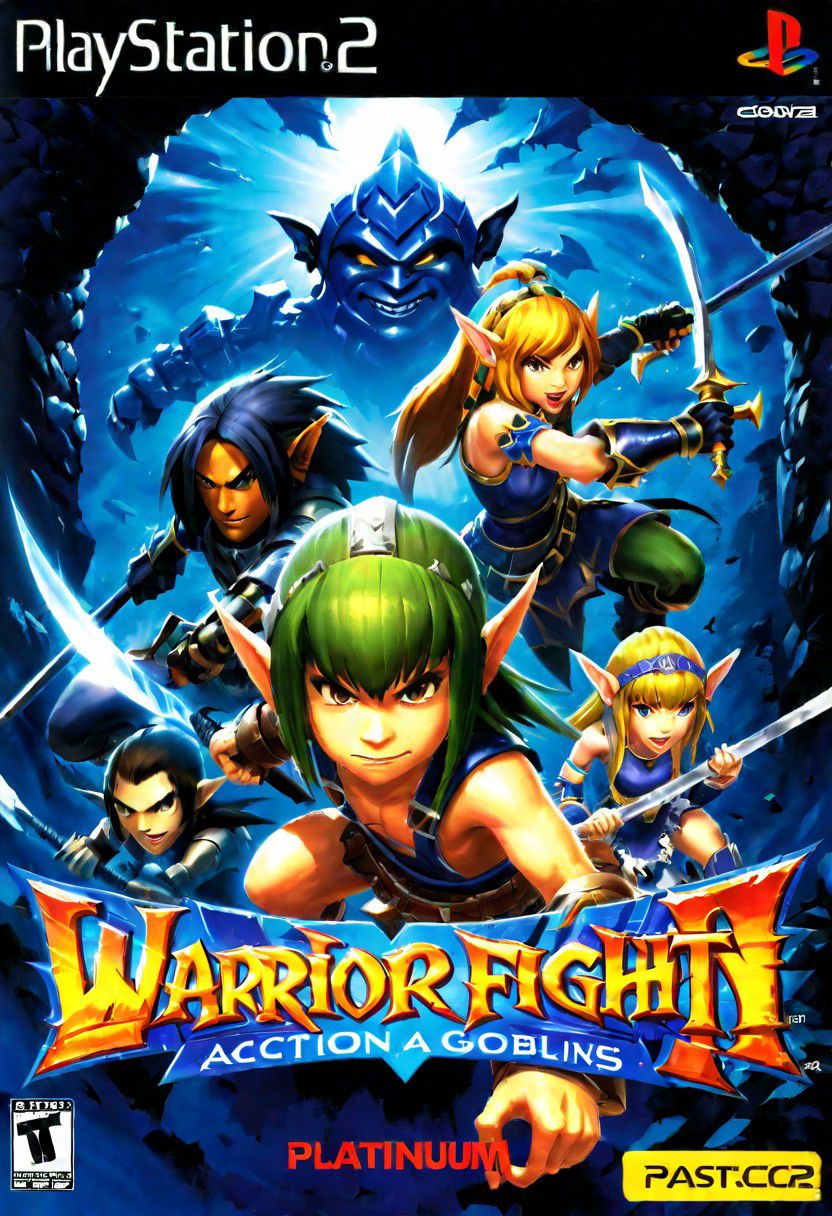 Ps2 cover platinium,warrior fighting and goblins in cave a Text title "action fight",