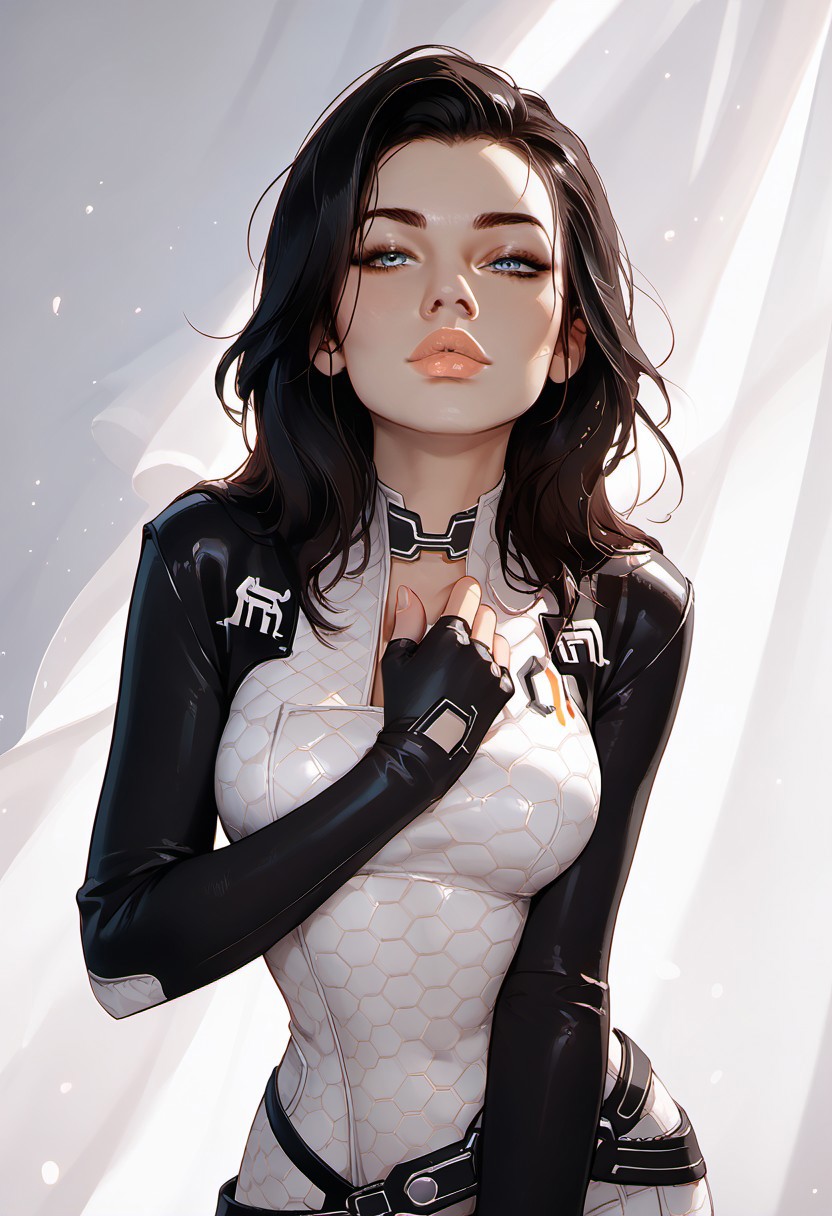 masterpiece,best quality, highly detailed, score_9, score_8_up, score_7_up, score_6_up, score_5_up, score_4_up, ((zPDXL3)), ((zPDXLxxx)), ((face focus)), Expressiveh, highres, 1girl, miranda, black hair, long hair, blue eyes, large breasts, bodysuit, choker, belt, fingerless gloves, boots, adult lustful confident woman, petite, slender body, perky saggy natural breasts, full lips, bangs, sidelocks, straps, 
chinese magical sorceress, animated, swirling magic, wisps of magic, dancing pose, tight squeezed outfit, magical accessories, evoking motion, conveying motion, dynamic splash art