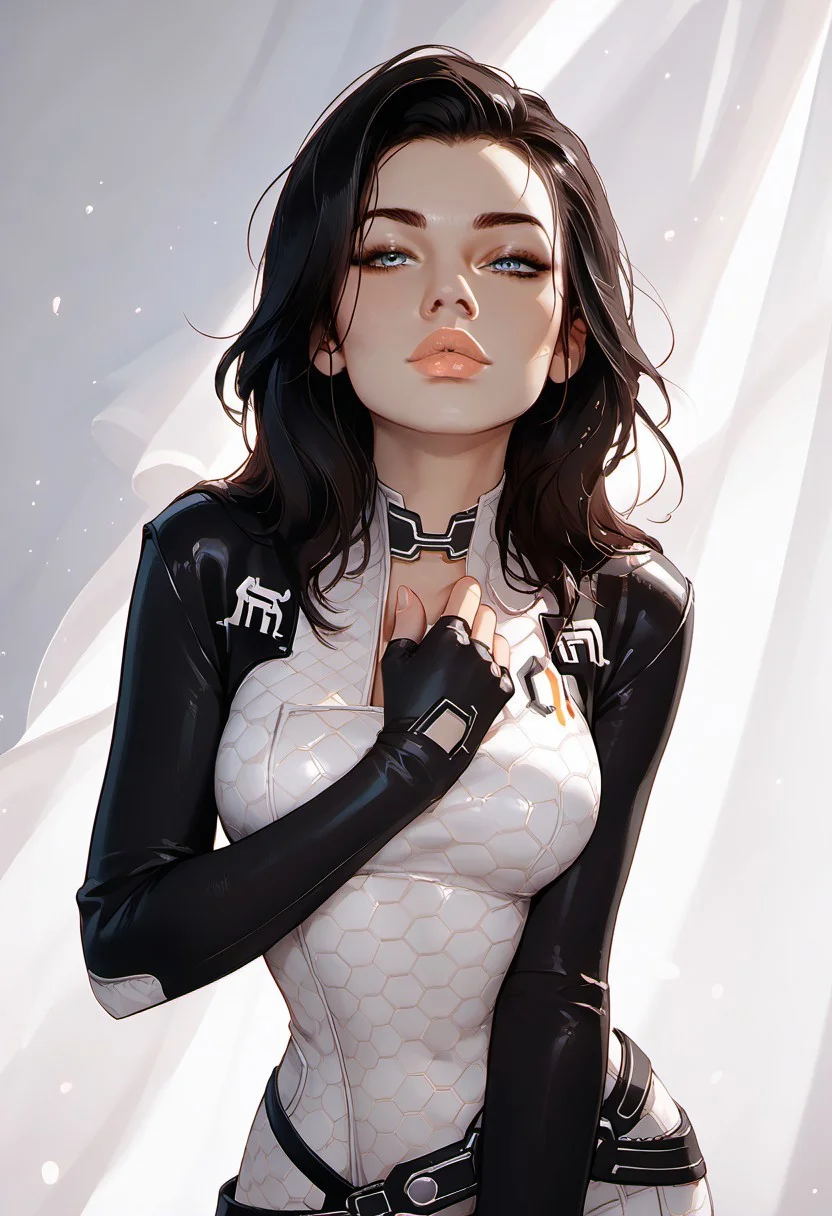masterpiece,best quality, highly detailed, score_9, score_8_up, score_7_up, score_6_up, score_5_up, score_4_up, ((zPDXL3)), ((zPDXLxxx)), ((face focus)), Expressiveh, highres, 1girl, miranda, black hair, long hair, blue eyes, large breasts, bodysuit, choker, belt, fingerless gloves, boots, adult lustful confident woman, petite, slender body, perky saggy natural breasts, full lips, bangs, sidelocks, straps, 
chinese magical sorceress, animated, swirling magic, wisps of magic, dancing pose, tight squeezed outfit, magical accessories, evoking motion, conveying motion, dynamic splash art