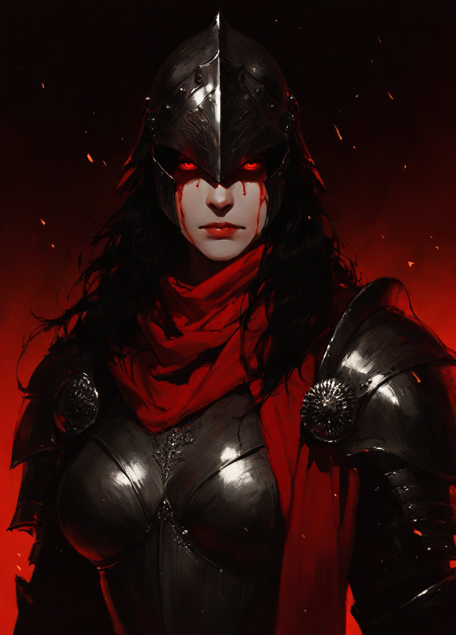 realistic, ink art,
masterpiece, best quality, amazing quality, highres, absurdres, very aesthetic, very awa,expert shading, 1girl, 20 yo, adult woman, 3l3ganc3, 1girl, solo, long hair, breasts, looking at viewer, black hair, red eyes, closed mouth, medium breasts, upper body, scarf, armor, lips, blood, glowing, helmet, shoulder armor, facing viewer, glowing eyes, genderswap \(mtf\), red scarf, pauldrons, blood on face, breastplate, covered eyes, embers, helm, blood from eyes,  <lora:Syd_Mead_Style:0.3> <lora:Purple_Grace_v1:0.75>