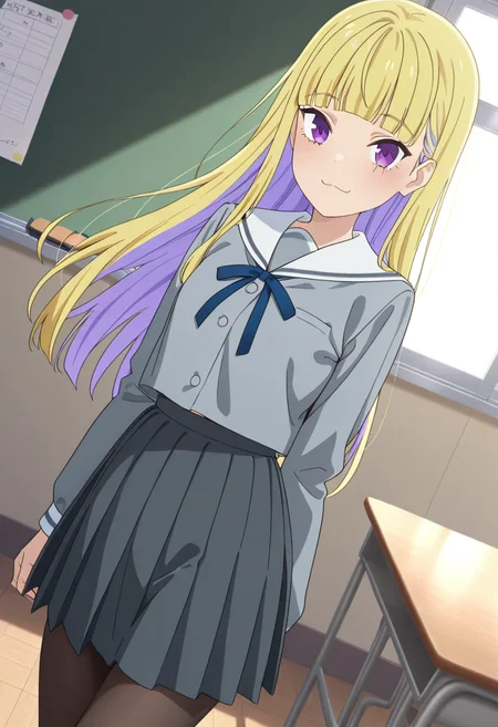 masterpiece,best quality,absurdres,perfect lighting,classroom,
*//*,<lora:HealerGirl_ReimiItsushiro-Illustrious:1>,reimi_itsushiro,1girl,solo,blonde hair,long hair,colored inner hair,purple eyes,blunt bangs,school uniform,sailor collar,grey shirt,neck ribbon,blue ribbon,long sleeves,pleated skirt,pantyhose,skirt,black footwear,loafers,
*//*,looking at viewer,cowboy shot,dutch angle,dynamic pose,light smile,