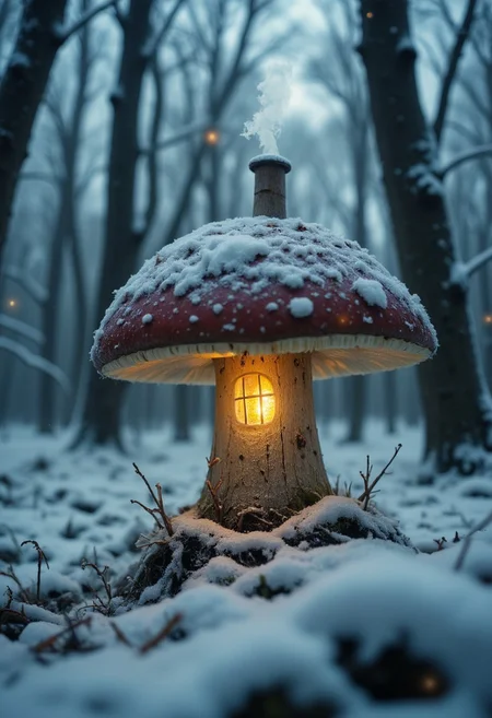 A super close-up of a small mushroom house, resembling a red-and-white lighthouse, standing at the edge of a tiny snow-covered clearing in the forest. The mushroom’s cap is dusted with a layer of fresh snow, with a thin wisp of smoke rising from a tiny chimney on top. Its translucent, wet surface softly glows, casting a warm, inviting light over the snow-blanketed forest floor. The surrounding trees are heavy with snow, their branches bending under the weight. The cold winter air feels still, except for the soft fall of snowflakes, and the mushroom’s light gently illuminates the frosty, magical scene, offering a cozy refuge in the heart of the frozen forest. Floating particles, dense snowfall,