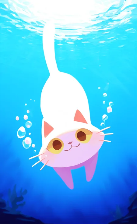 masterpiece, best quality, good quality, very awa, very aesthetic, absurdres, newest, solo, looking at viewer, smile, closed mouth, brown eyes, water, no humans, :3, cat, air bubble, underwater, front view, cat focus, whiskers, swimming,diving, haiz_ai, no lineart,no outline,
From Below, Perspective, <lora:ponyv6_noobV1_2_adamW-000017:0.7> <lora:USNR_STYLE_XL_lokr:0.45> <lora:MeMaXL4:0.7> <lora:haiz_ai_illu:0.7> <lora:namukijpg_ill:0.7>