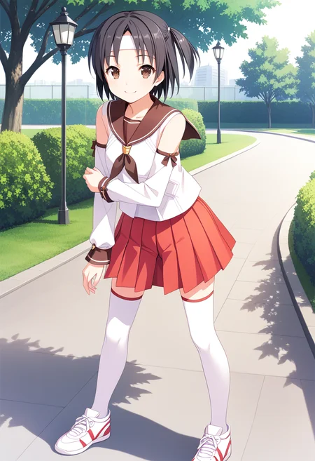 1girl, solo, park, full body, standing, <lora:KC_02LC_nagara_pony-000024:1> nagarakc, black hair, short hair, one side up, brown eyes, headband, nagaradefkc, brown sailor collar, serafuku, bare shoulders, detached sleeves, red skirt, miniskirt, pleated skirt, white thighhighs, white sneakers,, score_9,score_8_up, score_7_up, source_anime, masterpiece, best quality, official art, official style, game cg, megami magazine, rating_safe, rating_questionable, <lora:Fixhands_anime_bdsqlsz_V1:0.75>, NEGATIVE_HANDS