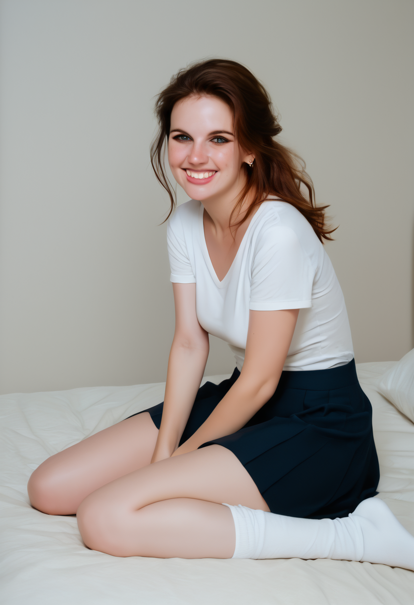 score_9, score_8_up, score_7_up,Renee,
8k, golden hour,a smiling 24 year old girl with long straight dark auburn hair,skinny,medium breasts,
sitting on a chair in a room, sitting in her living room,  outfit photo, profile pic, sitting on a bed, background is heavenly,  wearing a cute top, wearing skirt and bobby socks, 
<lora:add-detail-xl:2>
<lora:ReneePony:1>