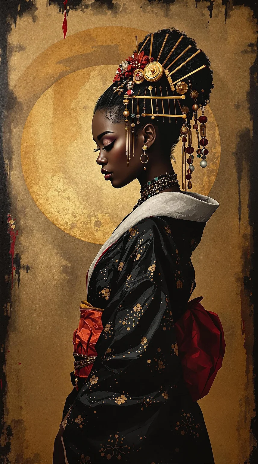medium shot, side view, profile view, looking down, beautiful african young geisha, she is ethnic african, samurai core, black over black, oil painting style