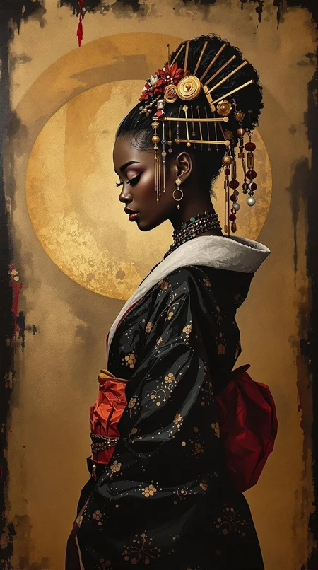 medium shot, side view, profile view, looking down, beautiful african young geisha, she is ethnic african, samurai core, black over black, oil painting style