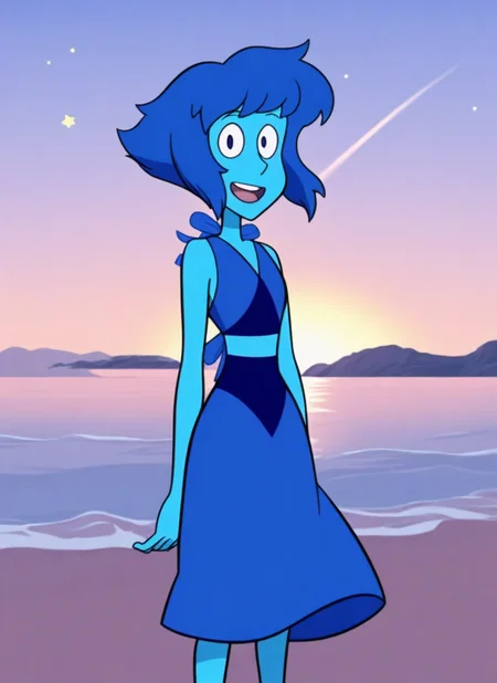 masterwork, sustl, 1girl, lpsl, blue skin, blue hair, short hair, happy, open mouth, blue dress, looking at viewer, sunrise, stars, waterfall, horizon, detailed, masterpiece, best quality, newest, absurdres, highres, <lora:SDXL\Illustrous\Steven-Universe-Style-Illustious:1.0>
