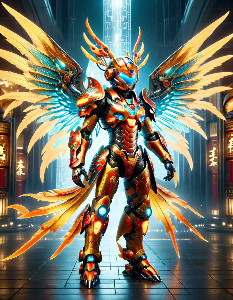 (best quality, masterpiece, colorful, dynamic angle, highest detailed)upper body photo, full body photo, fashion photography of cute mechangel, glowing 4 wings, solo, glowing armor, glowing halo, building, glowing mechanical 4 wings (intricate details, hyperdetailed:1.15), detailed, light passing through hair, (official art, extreme detailed, highest detailed), made of ral-lnrnwyr <lora:ral-lnrnwyr-sdxl:1>