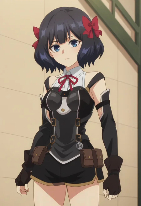 <lora:Tino Shade:0.9>Tino Shade, 1girl, blue eyes, solo, hair bow,medium breasts, short hair, black hair, fingerless gloves, red bow, black dress, black gloves, bare shoulders, , red ribbon, detached sleeves, shirt, cowboy shot, looking at viewer, score_9, score_7_up,anime coloring ,source_anime, anime, anime screencap