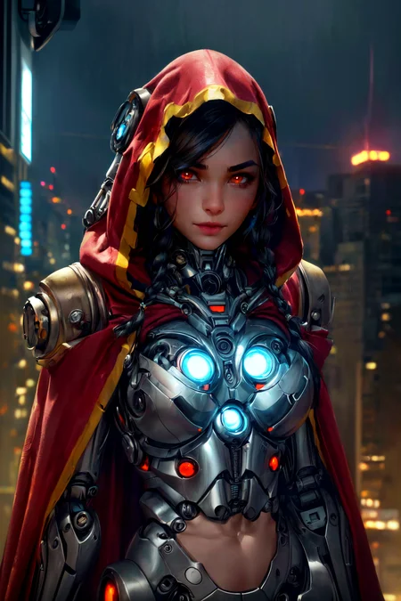<lora:add_detail:1.0> <lora:epi_noiseoffset-v2:0.8> <lyco:envybetterhands-beta2:1.0> <lora:adeptus_mechanicus-by_barons:0.7> (extremely beautiful:1.4) female techpriest, (v-shaped eyebrows:1.2), (jet black hair:1.2), (twin braids hairstyle:1.1), bare midriff, (robe, hood, cape:1.2), servitor, detailed mechanical hands, (tube, robot, science fiction, humanoid robot, cyborg, extra arms, glowing eyes, mechanical arms, steampunk, armor:1.2), city skyline, towering skyscrapers, illuminated nightscape, metropolitan, dynamic pose, dynamic angle, (masterpiece, best quality:1.4), (photorealistic, ultra realistic:1.4), (16k, 8k, ultra highres, absurdres, highres:1.4), (accurate, sharp focus, extremely detailed, highly detailed, intricate details:1.2)