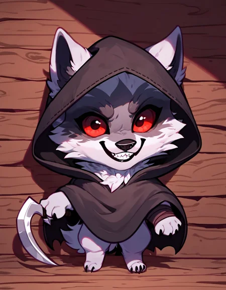 score_9, score_8_up, score_7_up, rating_safe,source_furry,d3ath,
feral, werewolf,chibi,
clothing, clothed, cloak, robe, weapon, teeth, evil smile,looking at viewer, hood up, 1:1, sneaky, cute, hiding in the shadows behind a wall,
medieval tavern background,
<lora:Death_Puss_in_boots:0.9>