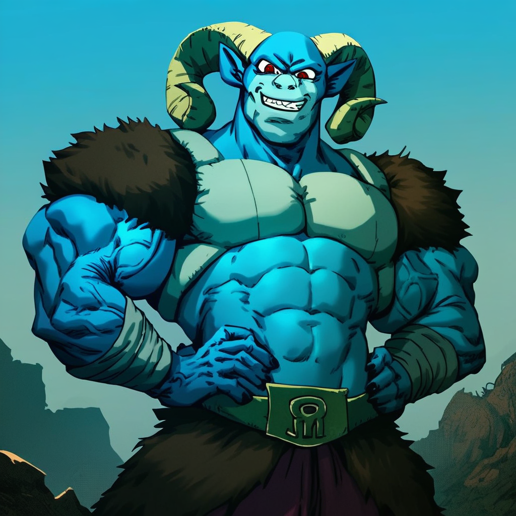 score_9, score_8_up, score_7_up BREAK dbs Moro, goat, solo, 1boy, blue skin, red eyes, muscular male, goat horns, hands on hip, shirtless, giant shoulder muscles, large muscles, giant pectorals, veiny muscles, grin, teeth BREAK full portrait, sunny, wasteland, realistic lighting