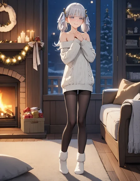 masterpiece, best quality, 8K, very aesthetic, UHD, volumetric lighting, natural lighting, highly detailed, intricate details, 1girl, home clothes, white wool sweater, tights, wool socks, bare shoulders, twintails, white eyelashes, white hair, white eyes, shy, embarrassed, smiling, lifelike female body, perfect female body shape, narrow waist, side view, standing, full body, dim light, christmas decorations, fireplace, night, cozy wooden house, <lora:Jinhsi_V1.11:0.7>