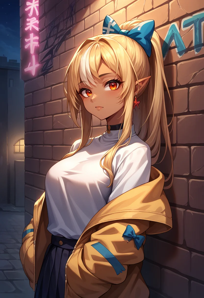 score_9, score_8_up, score_7_up, source_anime, 1girl, solo, ShiranuiFlare, dark skin, long hair, high ponytail, hair bow, earrings, sharp eyes, choker, neon shirt, open jacket, turtleneck sweater, night, against wall, brick wall, graffiti, dim lighting, alley, looking at viewer, <lora:ChjamShiranuiFlarePonyXL:1>