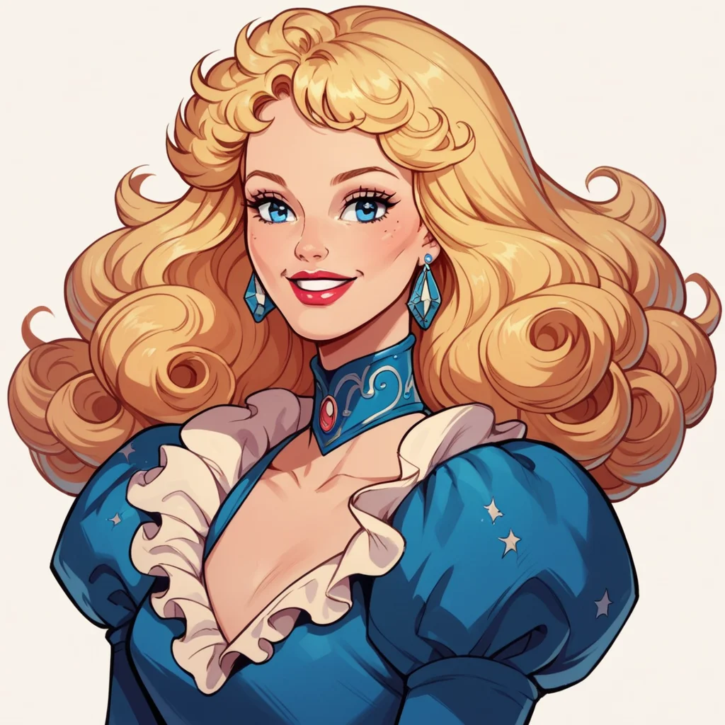 score_9, score_8_up, score_7_up, score_6_up, score_5_up, score_4_up, hud_millirob, 1girl, blonde curly hair, blue eyes, solo, dress, jewelry, retro artstyle, lipstick, smile, <lora:hud_millirob:0.8>
