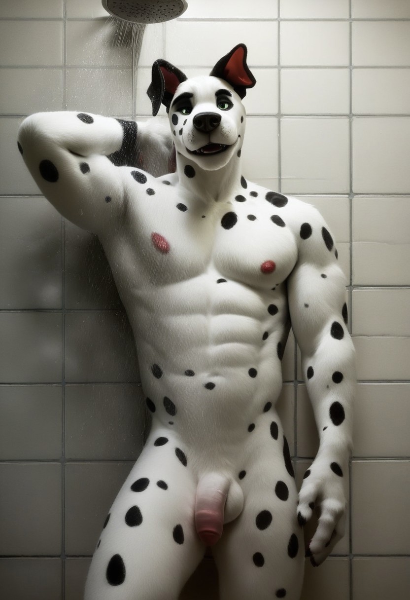 score_9, score_8_up, score_7_up, photo, (score0, sexy pose), anthro, dalmatian, muscular, male, showering, nude steamy, flaccid penis