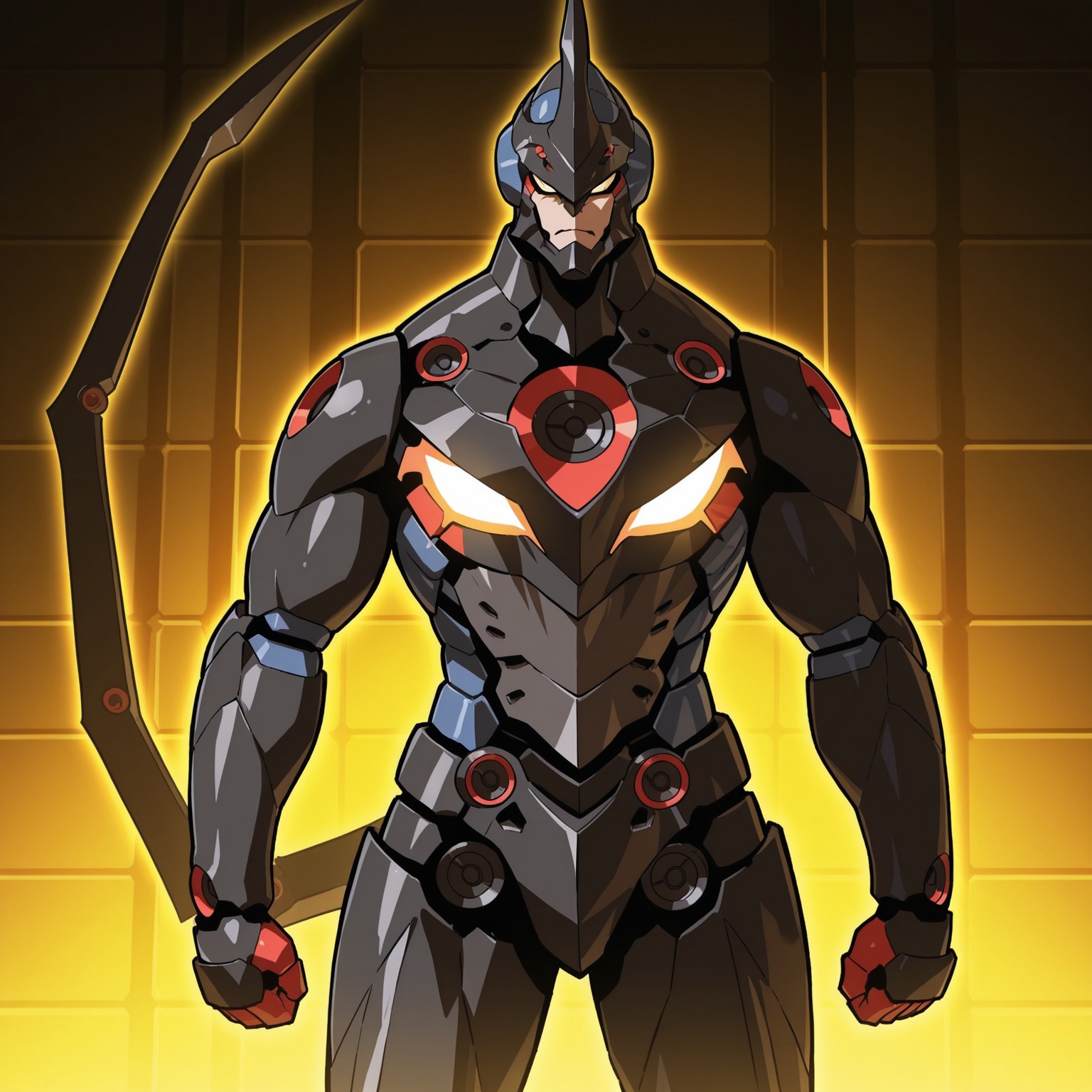 Lazengann, mecha, mechanical tail, humanoid, single horn, black armor, multicolored armor, helmet, tall, yellow eyes, no pupils

BREAK standing, upper body focus, looking at viewer, abstract background 

BREAK best quality, amazing quality, very aesthetic, absurdres, newest, masterpiece, high quality 