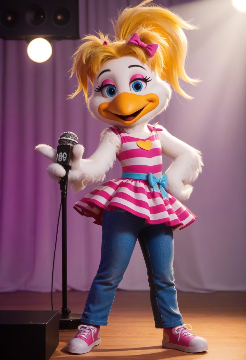 score_9, score_8_up, source_cartoon, toony, 1girl, solo, furry, bird girl, white feathers, blue eyes, makeup, blonde hair, ponytail, bow, striped dress, denim pants, pink shoes, 2010, microphone, stage light, sing