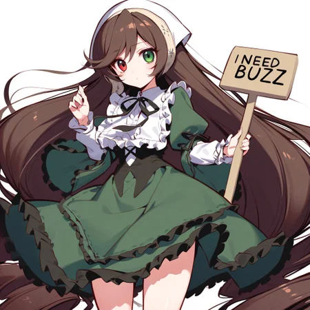 Poverty,holding a sign that says "I need Buzz, desu...", 1girl, suiseiseki, solo, long hair, white background, heterochromia, brown hair, red eyes, long sleeves, green dress, dress, very long hair, green eyes, frills, black ribbon, ribbon, white headwear, bangs, masterpiece, best quality, late, <lora:char - suiseiseki - v1 - bionagato:1>