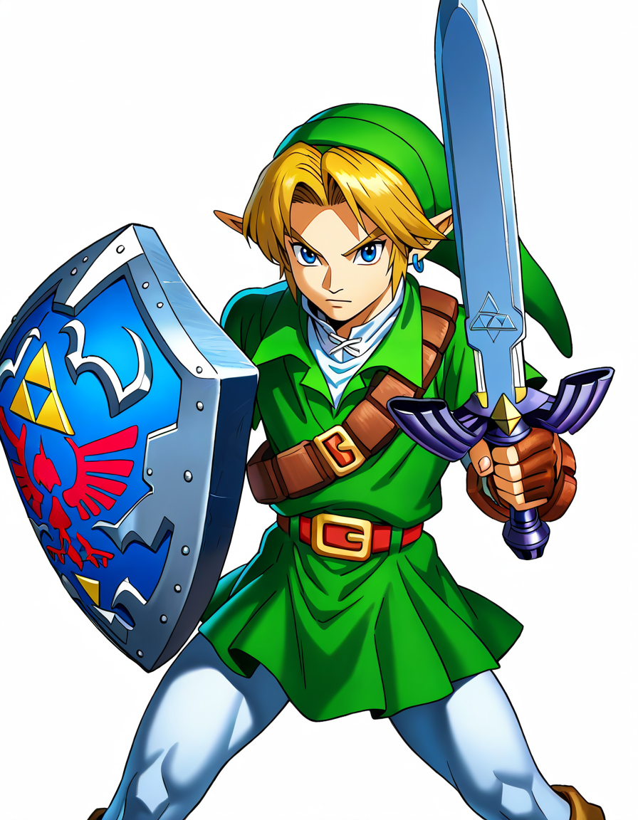 ootalink, 1boy, link, the legend of zelda: ocarina of time, official art, solo, male focus, looking at viewer, standing, fighting stance, legs apart, left-handed, white pantyhose, white undershirt, collared shirt, green tunic, green headwear, green pleated skirt, microskirt, wind lift, layered sleeves, shoulder belt, blue eyes, blue hoop earrings, closed mouth, blonde hair, cowboy shot, white background, masterpiece, best quality, absurdres, BREAK,
holding shield, hylian shield, BREAK,
holding sword, master sword, brown elbow gloves, brown fingerless gloves, pointing sword,
<lora:ootalinkil2:1>