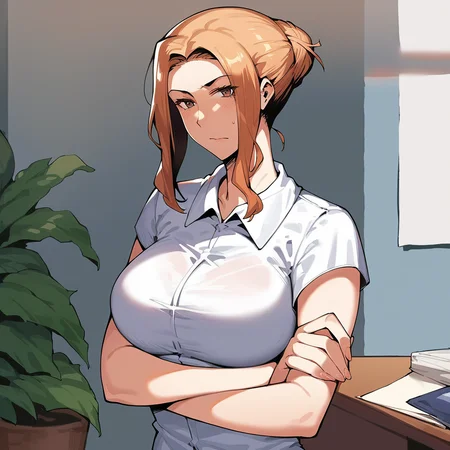 score_9, score_8_up, score_7_up, k10uk4,1girl,messy hair bun,looking at viewer,curvy, crossed arms, source_anime,frontal view,shirt,corporate,living room background, siting <lora:k10uk4:1>