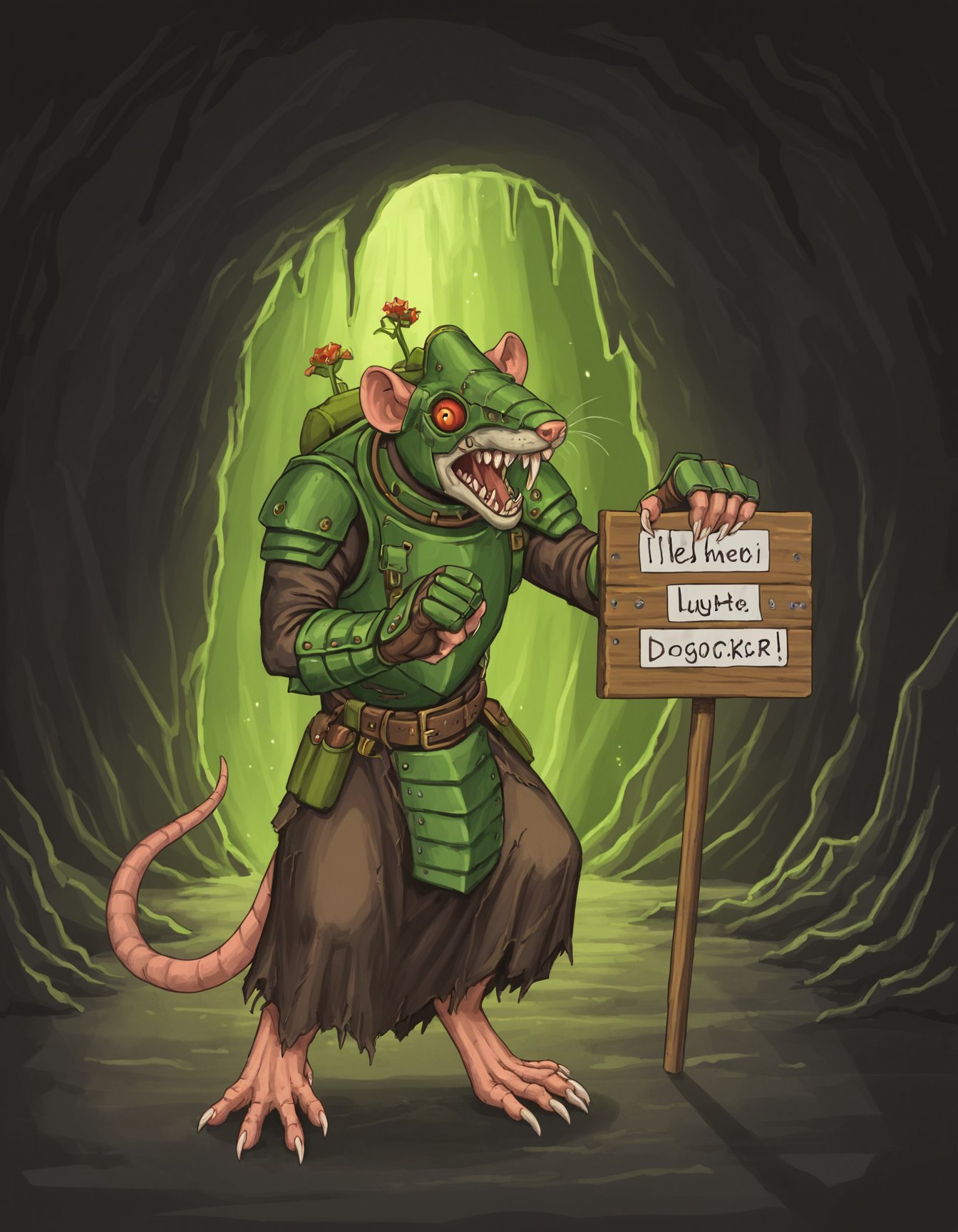 score_7_up, score_6_up, a20t43c-dh BREAK, cartoon, holding sign, WarlockMaster, rat monster, clawed gauntlets, cave, underground  <lora:Artist_Style_-_a20t43c:1> <lora:add-detail-xl:0.3> <lora:WarlockMaster:0.8>