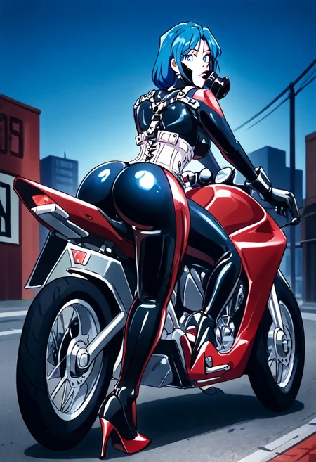 SCB, gas mask, 1girl, adult, blue hair, blue eyes, black latex body suit, corset, gloves, harness, high heels, on motorcycle, bike-posing, red motorcycle, motor vehicle, ass, bent over, from behind, riding, leaning forwards, ass up,  from behind, looking back, in a city.