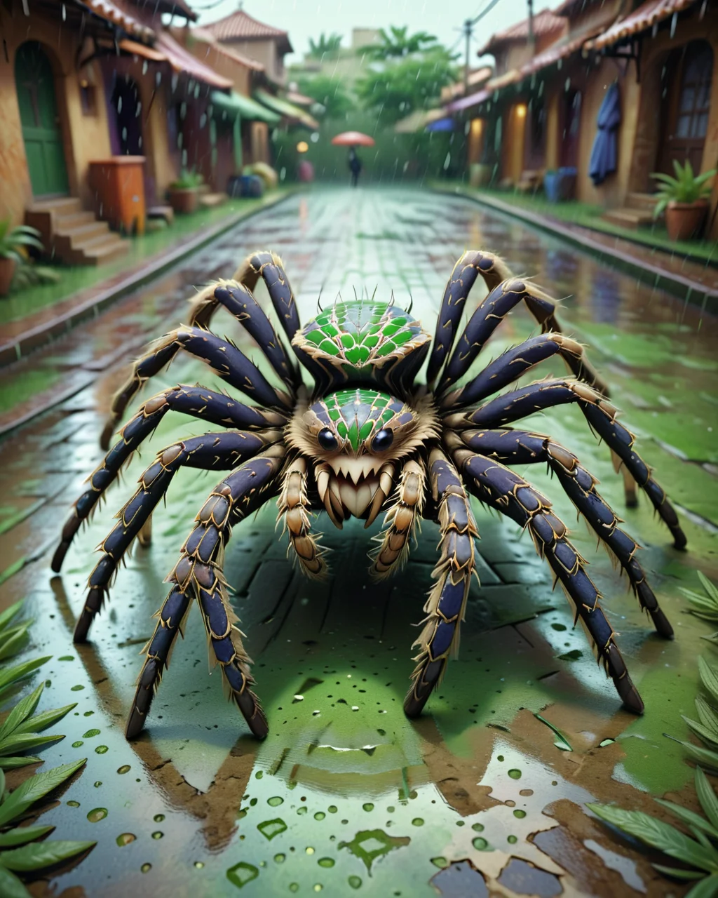 Tarantula, Cosplay Photograph, mundane Anime, 3D Rendering, ("I have spread my dreams under your feet":1.1) , Nervous, background, Raining, Villagecore, still, Ilford HP5, Zoom lens, Ambrotype, Green dust particles, UHD, realism, <lora:Zellij:1> zlj-xl