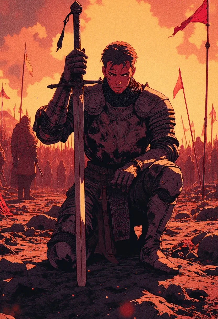 fantasy stylised illustration, anime style, cinematic composition, stunning, full body shot, masterpiece,best quality, close up dynamic model pose, (tall), perfect composition, 1guy, a battleworn knight squire kneels in the dirt of the battlefield, smoke and fire billows, he is surrounded by fallen standards, the shapeless form of the dead litter the field, (leaning on medieval longsword planted in ground steadying himself), dusk sunset, he wears medium medieval armor, medium chainmail, platemail, cuirass, leather and hide boots, gauntlets, pauldrons, tabbard, knight templar initiate, honourable, weary, eyes closed, looking down, stony expression, no helmet, 35 years old, medium facial hair, masculine, man, (short trimmed brunette hair), brown eyes, not bulky, emotional, intense, dark, gritty, heavily stylised, incredible, awe-inspiring battle damaged, wounded, knight templar, adventurer, medium armor,