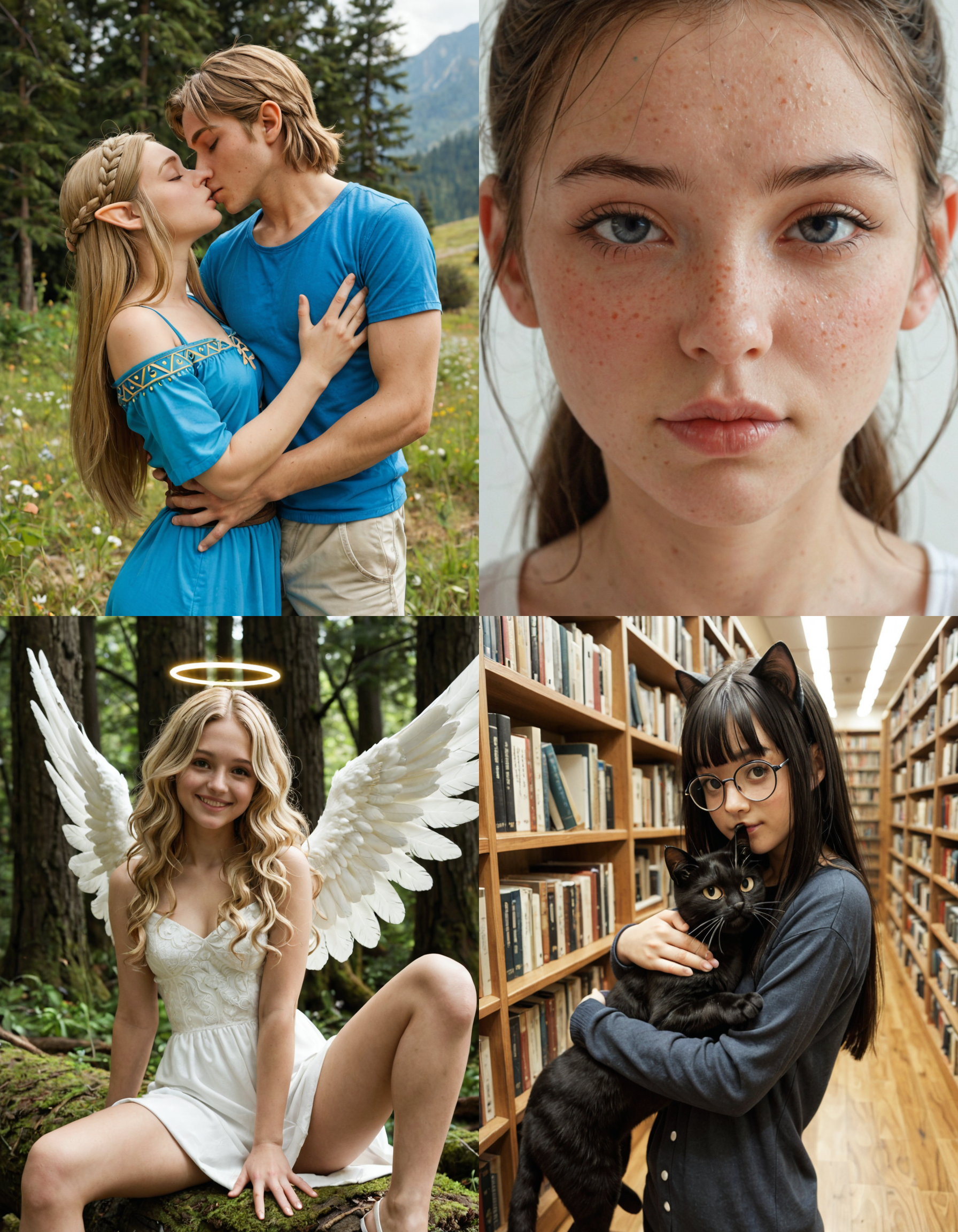 https://civitai.com/articles/5300 __ 1st image: score_9, score_8_up, score_7_up, 1girl, 1boy, Princess_Zelda, \(The_Legend_of_Zelda:_Breath_of_the_Wild\), standing, kiss, hug, closed_eyes __ 2nd image: score_9, score_8_up, score_7_up, 1girl, lovely face, portrait, close-up, looking_at_viewer, closed_mouth __ 3rd image: score_9, score_8_up, score_7_up, 1girl, solo, blonde_hair, wavy_hair, angel, angel_wings, halo, smile, sitting, forest, white_dress __ 4th Image: score_9, score_8_up, score_7_up, 1girl, solo, long_hair, black_hair, blunt_bangs, straight_hair, round_eyewear, cat_girl, cat_ears, cat_tail, standing, hug cat, looking_at_viewer, library, dark, dim_lighting