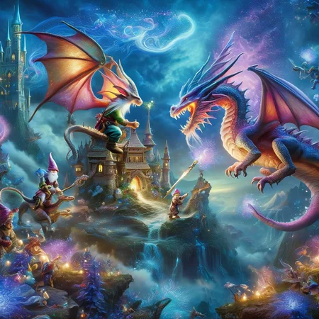 Fujifilm quality photograph (best quality)++, (masterpiece)++, (detailed)+, elf on the shelf fighting a Dragon, (fantasy illustration)1.3, enchanting Dragon battle elf on the shelf, mystical battle, (many gnomes battling)1.4 (whimsical charm).4 Otherworldly charm, mystical sky, (Luis Royo)1.2, (Yoshitaka Amano)1.1, moonlit night, soft colors, (detailed cloudscape)1.3, (high-resolution)1.2 (gnomes  battling everywhere)1.2 , <lora:DonM3t3rn1tyXL-v1.1:0.8> DonM3t3rn1tyXL <lora:DonMD1g174l4sc3nc10nXL:0.8> DonMD1g174l4sc3nc10nXL  <lora:Dragons:0.8> dragon  <lora:EnvyMagicalXL01:0.8> magical <lora:FantasyLandscape:0.8> FanLan