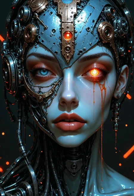 An1meL1nes, This image depicts a striking, highly detailed portrayal of a humanoid cyborg, blending human features with futuristic, mechanical elements. The face of the cyborg is primarily human in appearance, with soft, natural-looking lips and skin that has a metallic, bluish tint. However, mechanical components are integrated into the face, particularly around the eye and temple areas, where circuits and metal plates are fused with organic elements. The character's right eye glows with an intense, fiery light, suggesting advanced cybernetic technology or an inner power source. The surrounding machinery on the face is intricately detailed, featuring visible wires, bolts, and rusted textures, adding a gritty, industrial feel to the artwork. Some of the mechanical parts appear worn, with thin streams of oil or fluid dripping down, adding to the sense of age or wear. The overall color palette features metallic blues, copper, and orange highlights, contributing to a high-tech yet dystopian atmosphere. The background is dark, with faintly glowing circuit-like designs, enhancing the futuristic, cyberpunk aesthetic. This cyborg character appears both powerful and eerie, blending beauty with a cold, machine-like nature, creating a compelling contrast between human emotion and robotic existence. <lora:FluxMythAn1meL1nes:1>