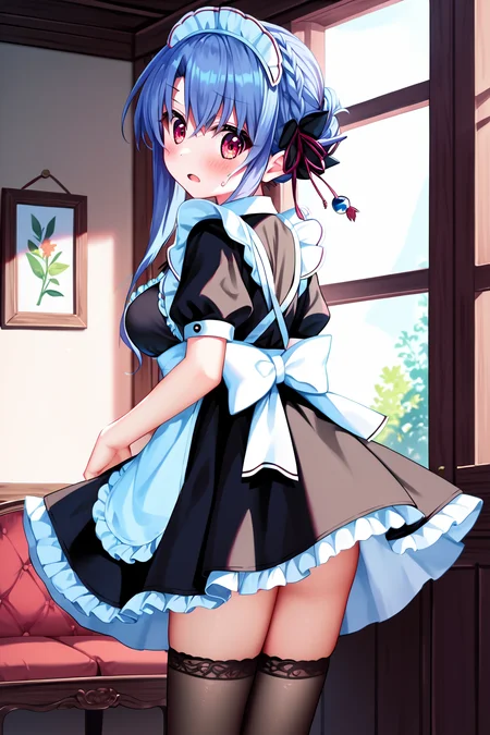score_9, score_8_up, score_7_up, score_6_up, rating_safe, source_anime, best quality, masterpiece, detailed background, detailed eyes, solo, indoors, from behind, looking back, <lora:sorakado-ao-xl-06:1>, sorakado ao, maid outfit, black thighhighs, medium breasts, full breasts, blush, open mouth, embarrassed, shocked,