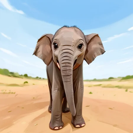 baby elephant with long trunk in african savannah <lora:albeniz-rodriguez-style-1024:0.7> albeniz rodriguez style, caricature, fisheye view