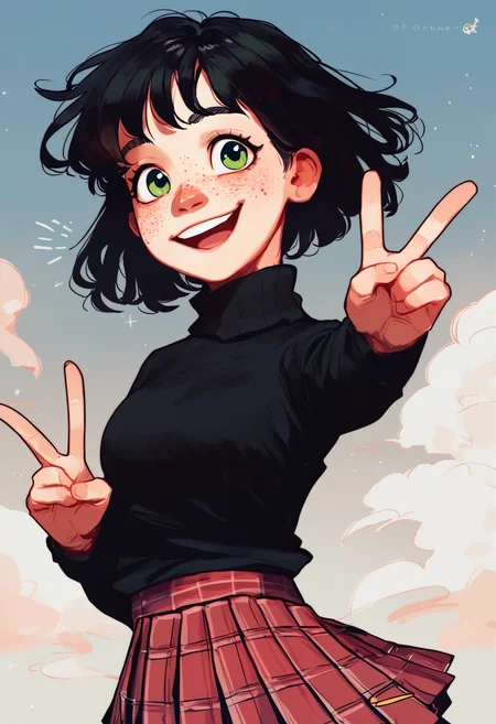 score_9_up, source_ anime, opossumachine_style, 1girl, freckles,smile, happy,green eyes,black hair, black turtleneck sweater, black pleated skirt, plaid skirt, cowboyshot, v,