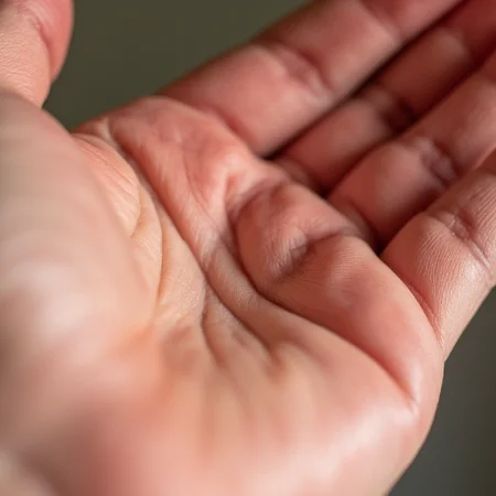 Macro photo of the inside of a hand with reddish pale skin
