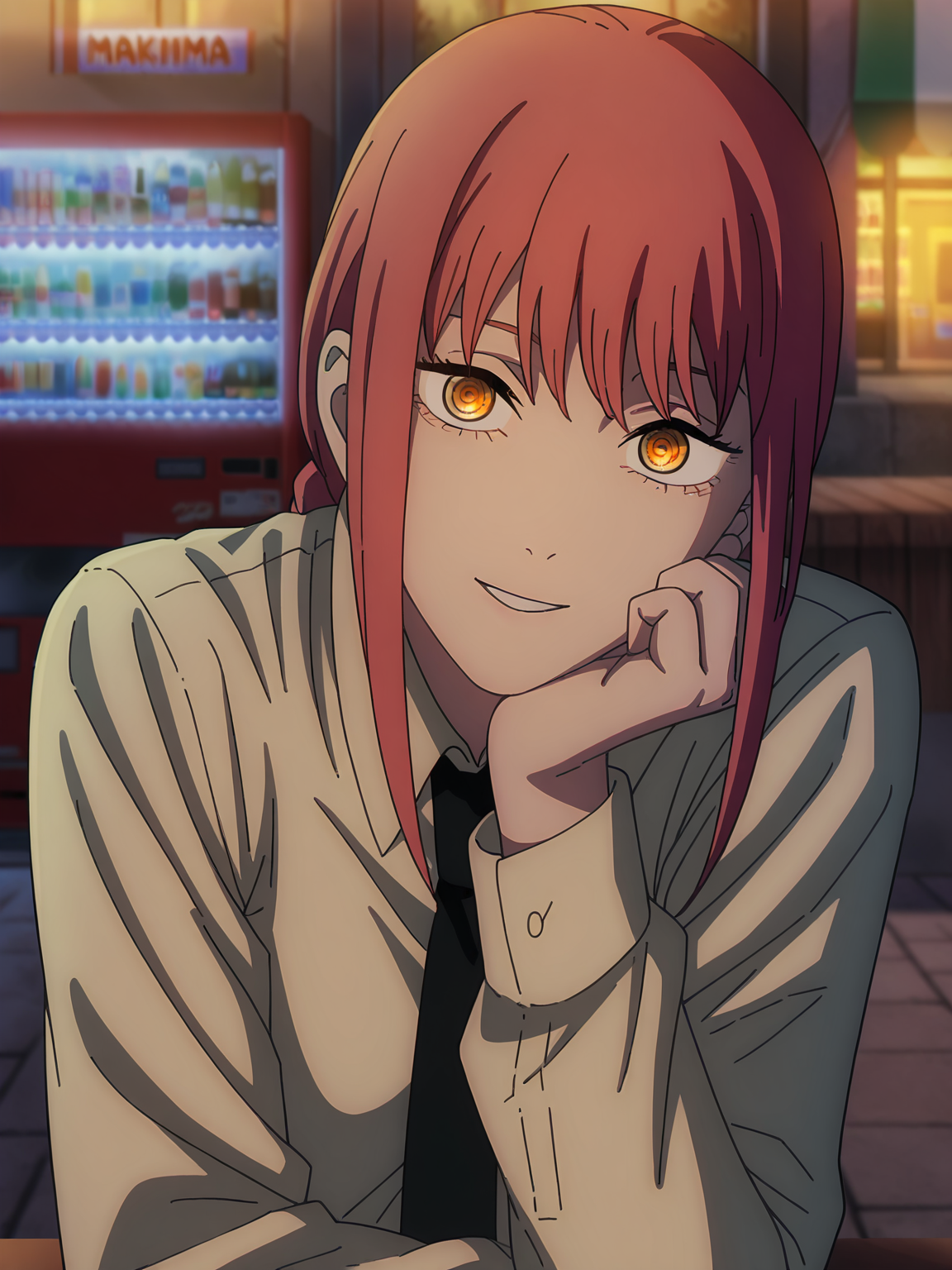 <lora:Makima:0.8>, makima (chainsaw man), 1girl, solo, yellow eyes, red hair, braided ponytail, sidelocks, shirt tucked in, black necktie, smile, teeth, parted lips, looking at viewer, head rest, hand on own cheek, arm on table, upper body, outdoors, vending machine, evening, twilight, blurry background
