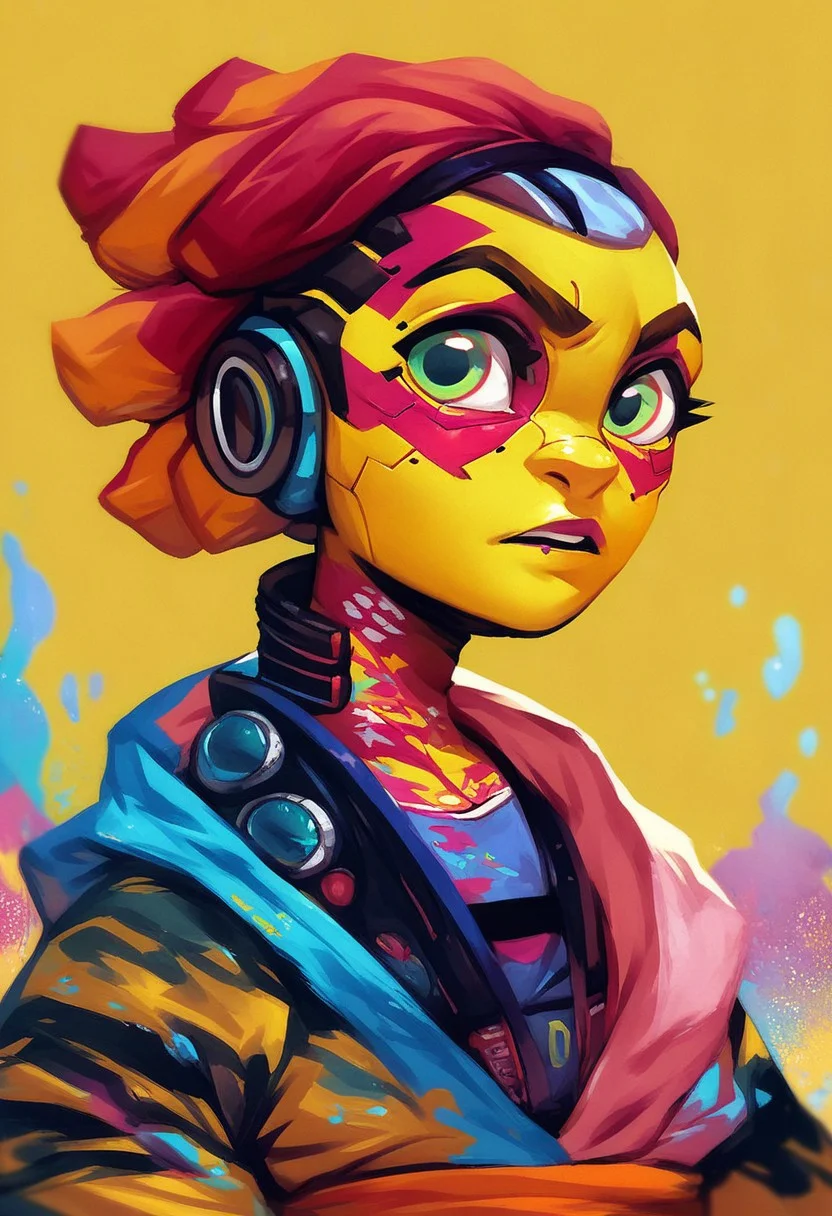 JDStyle,
, score_9, score_8_up, score_7_up, 1girl, solo,  painting of a cyberpunk woman wearing a futuristic kimono in front of stylized sun, cybernetic implants, paint splashes, outrun, teal and yellow background