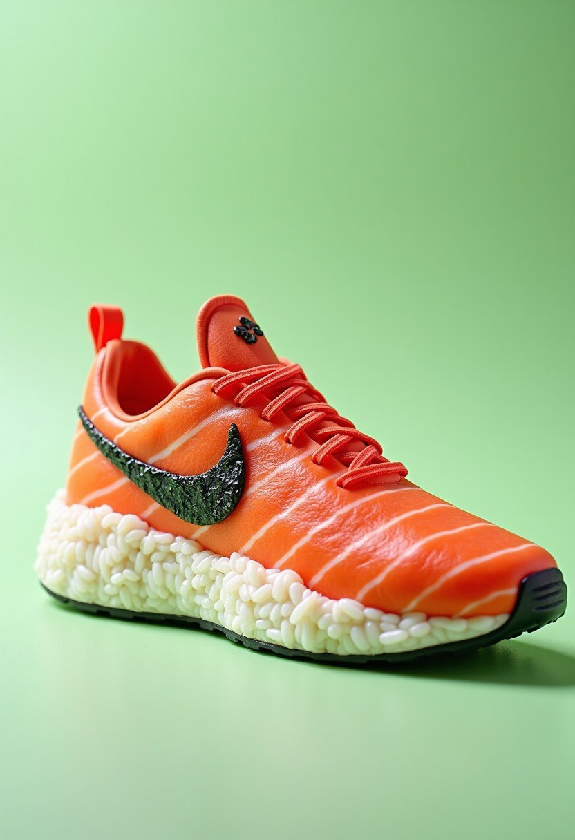 A vibrant sneaker with a (realistic salmon texture:1.2) covering the body of the shoe, featuring (subtle marbling of orange and white lines) to mimic the appearance of fresh salmon fillet. The sole is crafted from (meticulously arranged white rice:1.3), giving the shoe a playful sushi-like appearance. The iconic swoosh logo is made from (crisp, black seaweed:1.1), adding an extra touch of authenticity. [The background is a soft pastel green], ensuring that the shoe stands out while maintaining a clean and minimalist aesthetic. The alternating layers of rice and fish evoke a sense of humor and culinary art, blending fashion and food in a unique and eye-catching design.