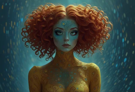 female fatal, portrait, full body view, curly red hair, blue glitter, surreal, dressed in yellow, The composition includes overlapping orange circles, sharp-edged violet polygons, green spirals and fractal shapes, deep perspective, dreamy,