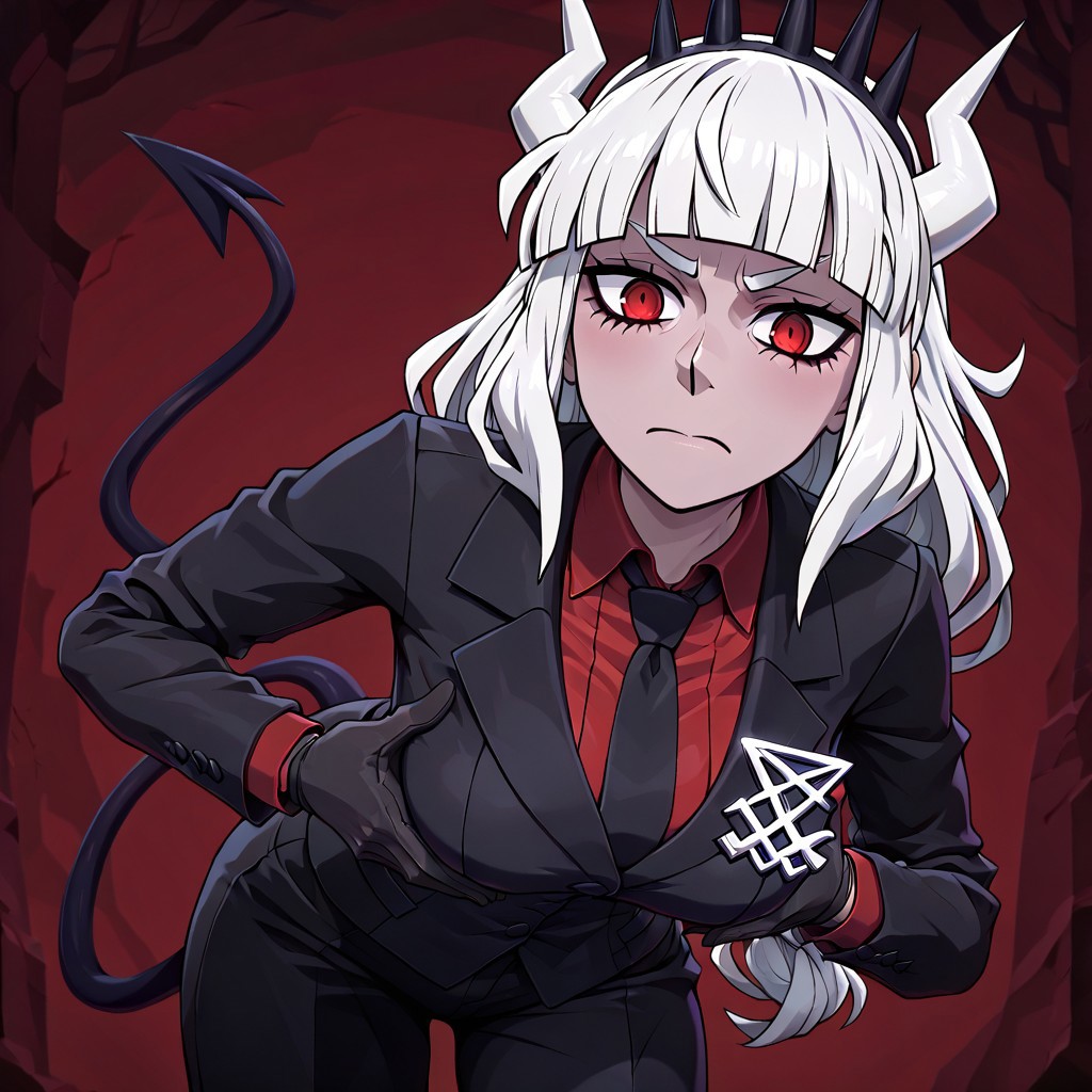 masterpiece, best quality, newest, absurdres, highres,  P3DV1.0, 1girl, lucifer (helltaker), black suit, red necktie, black collared shirt, black gloves, blunt bangs, demon horns, demon girl, demon tail, red eyes, white hair, long hair