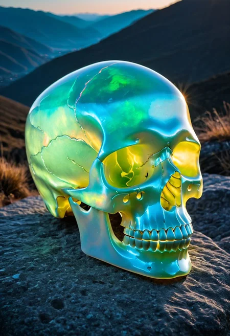 Fujifilm XT3, Sony A7 IV, (award winning photography) a delicate translucent skull made of opal set on a stone ledge in the early morning light, glistening. in the background beautiful valleys, divine iridescent glowing, opalescent textures, volumetric light, ethereal, sparkling, light inside body, bioluminescence, studio photo, highly detailed, sharp focus (highest quality: 1.39) (highest coherency: 1.39) (award winning photography), highly detailed photography, (muted colors, cinematic, dim colors, soothing tones:1.2), vibrant, insanely detailed, hyperdetailed, (dark shot:1.2), (vsco:0.3), (intricate details:0.9), (hdr, hyperdetailed:1.2) (vignette), sss