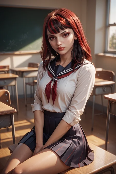score_9, score_8_up, score_7_up, score_6_up
<lora:MKScarlet:0.8>
MKScarlet, 1girl, black hair, red hair, ombre hair, red eyes, looking at viewer, in classroom, school uniform, sitting